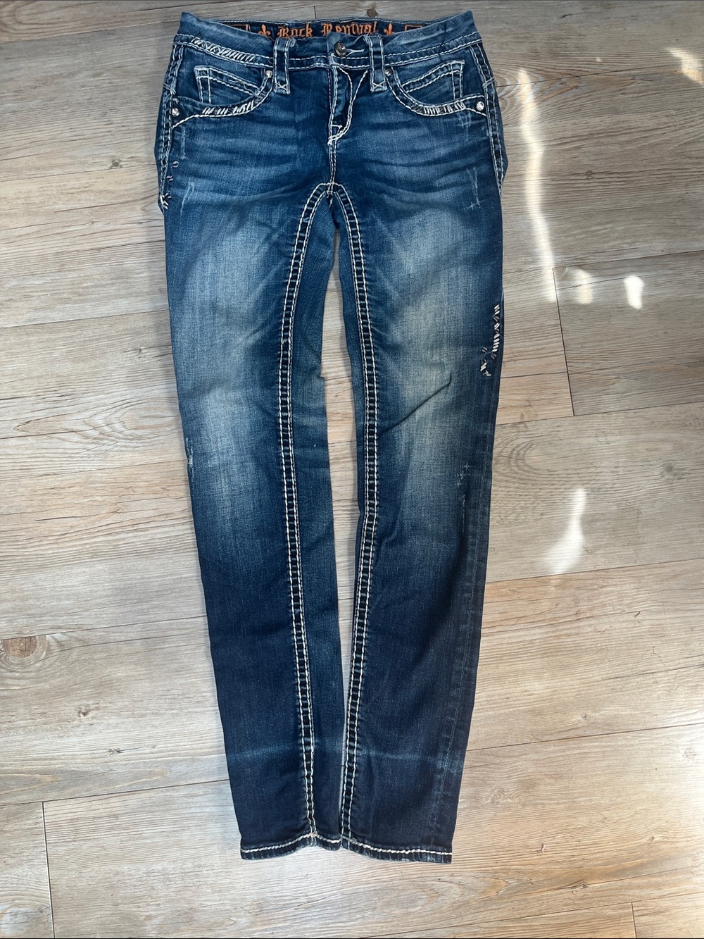 Rock Revival Dark Blue May Skinny Jeans with White Contrast Stitching